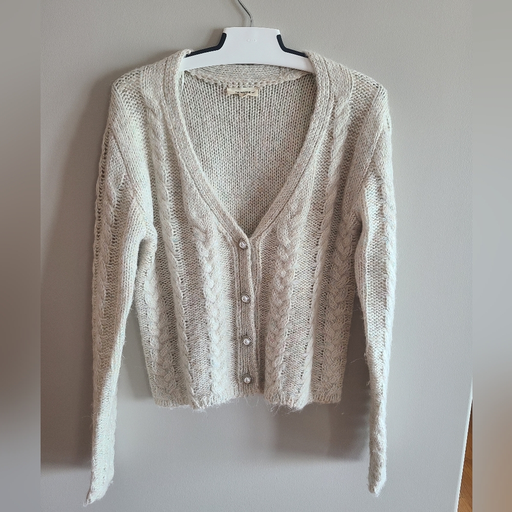 EE:SOME Cream Chunky Knit Cardigan - Metallic Threads, Vintage Feel - Size Small
